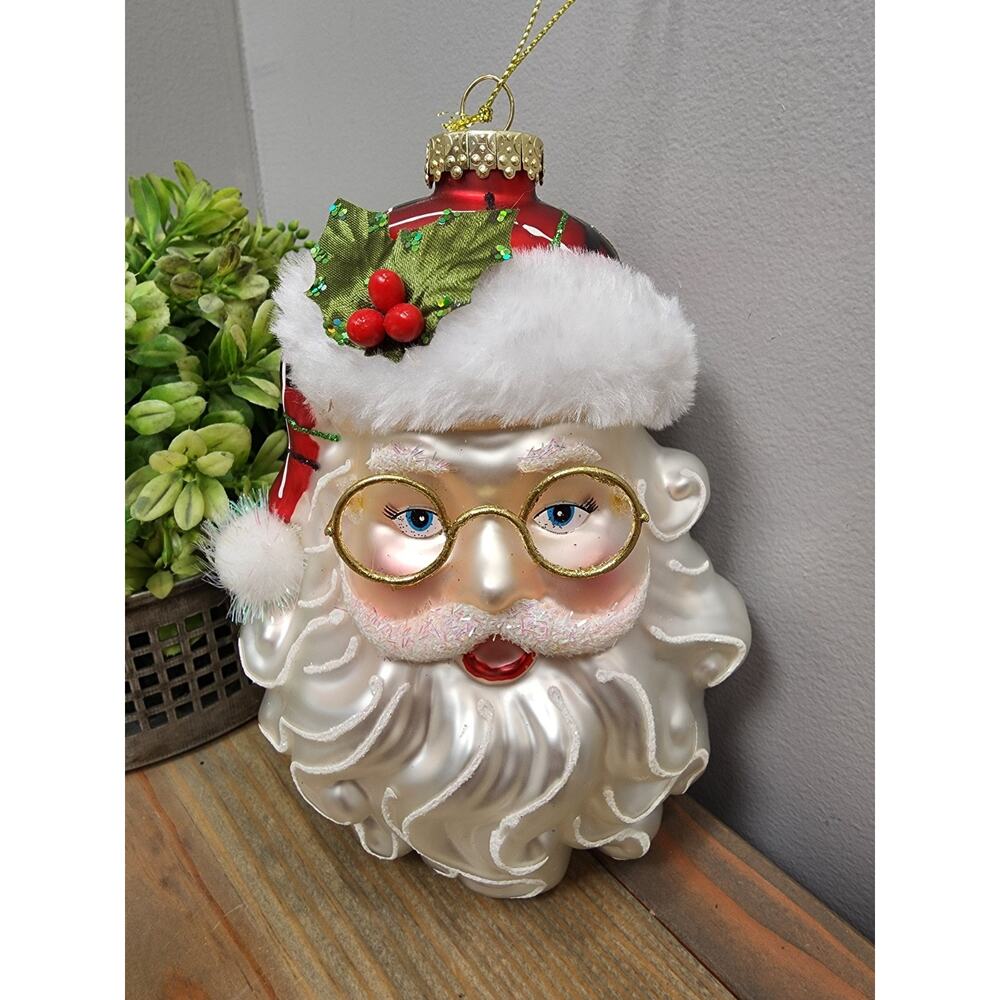 Robert Stanley Large Glass Santa Head Holiday Christmas Ornament Approx 6.5 In